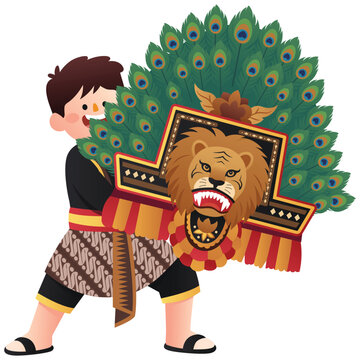 Tari Reog Ponorogo Illustration, Illustration of a Reog Ponorogo performer carrying a lion mask with peacock feathers from East Java tradition.