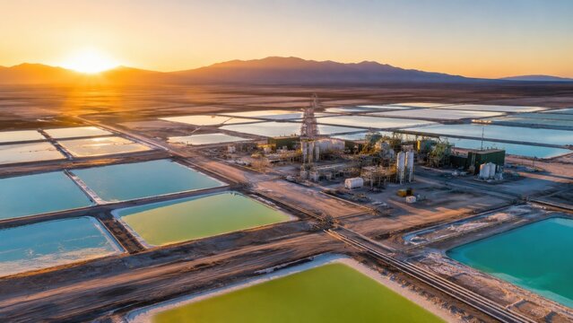 Sunrise over a lithium extraction site with salt flats and colored brine pools in the background