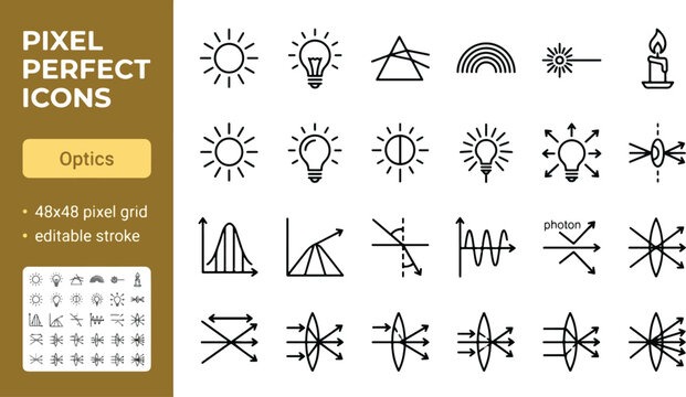 Optics and light physics line icon set. Prism, laser beam, convex lens, mirror, refraction, wave theory, photon minimal vector illustration. Simple outline signs. 48x48 Pixel Perfect. Editable Stroke.