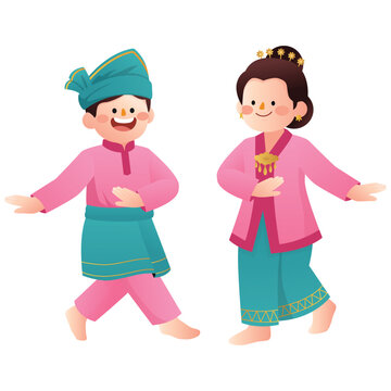 Tari Zapin Illustration, Illustration of two dancers in pink and teal traditional Malay outfits performing Tari Zapin from Riau.