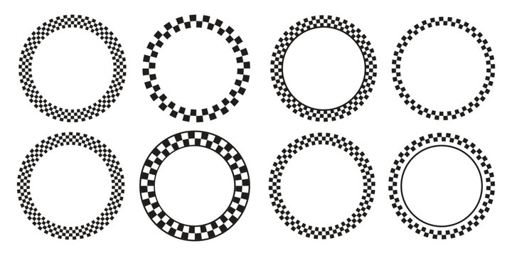 round frames with black and white chequered print. Vignettes with checkerboard, rally flag or chess game plane pattern. Circular geometric frameworks. Vector graphic illistration