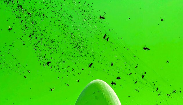 Green sky filled with swarming insects above a domed structure on a distant alien world