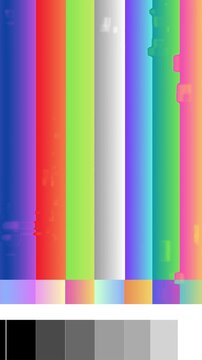 Vibrant color bar test pattern with distinct grayscale and subtle digital noise, an essential reference for technical display calibration and abstract visual design