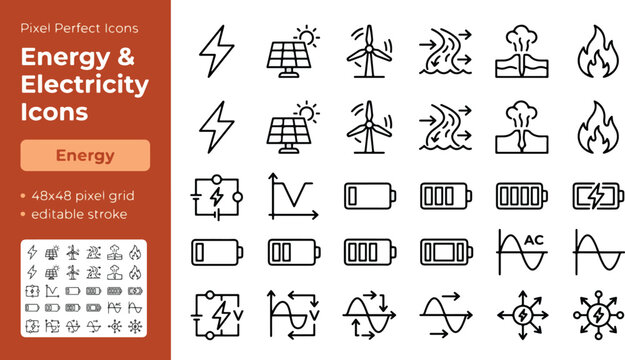 Energy & electricity line icon set. Solar power, wind turbine, battery charge, renewable green energy, circuit current vector illustration. Simple outline signs. 48x48 Pixel Perfect. Editable Stroke.