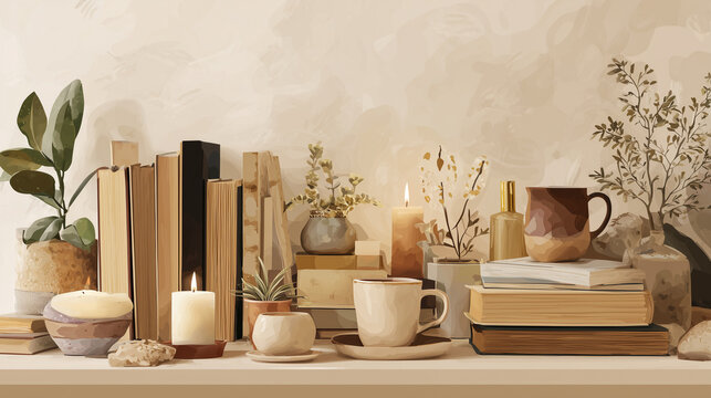 Illustrations of stylish Scandinavian home goods in brown tones / 茶色を基調にしたおしゃれな北欧雑貨のイラスト