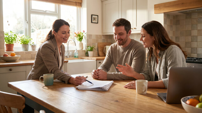 Couple meeting financial advisor at kitchen table reviewing paperwork laptop home loan planning insurance budget guidance family investment consultation property decision support future