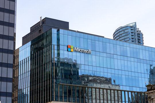 Microsoft logo at office building in Vancouver Canada