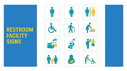 Fototapeta premium Collection of restroom facility signs including male, female, accessible, and family options