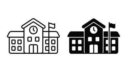 Fototapeta premium Educational school building icons presented in both outline and solid silhouette styles ideal for academic institution branding campus maps and children educational material design isolated on white
