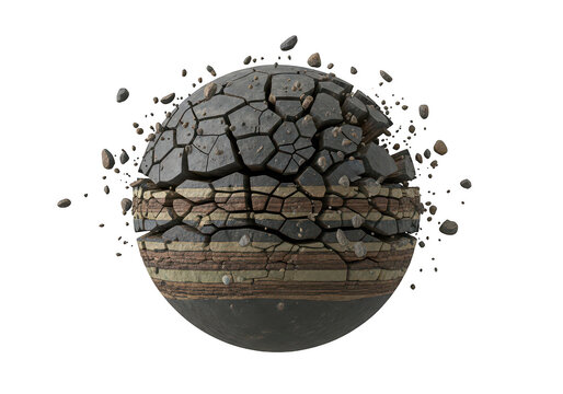 Cracked spherical planet core showing geological strata layers and floating debris fragments in space isolated on a transparent background