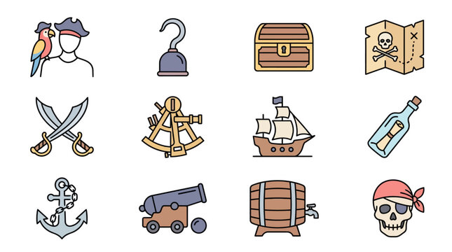 Pirate-themed icons including ship, treasure, and map