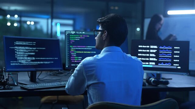 Professional male IT developer working on software development and coding, Programmer analyzing big data for SaaS platform and cybersecurity network, Modern computer technology and business concept