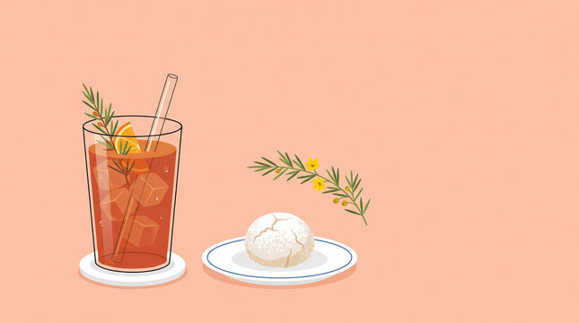 アイスルイボスティーとスノーボールクッキーを組み合わせたナチュラルなカフェイラストです。
淡いコーラル背景と夏の葉のアクセントが優しい雰囲気を演出します。