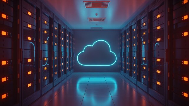 High-tech data center interior with glowing blue neon cloud icon representing cloud hosting and network security