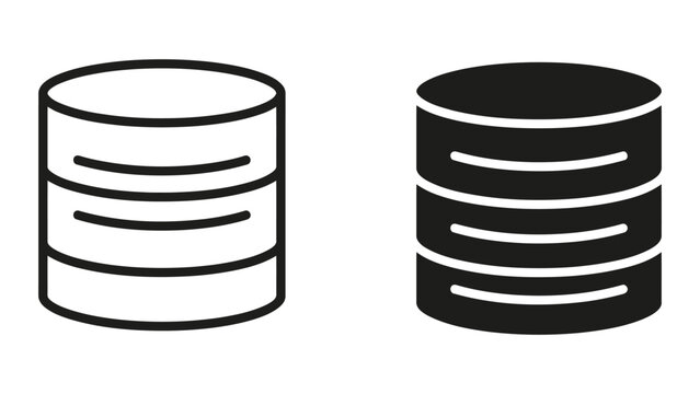 Database server storage icon set in outline and solid style representing digital data infrastructure and information management systems for web and software development projects
