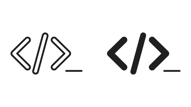 Programming code brackets icon set in outline and solid style for software development and web design user interfaces representing scripting and development tasks