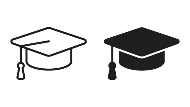 Graduation cap mortarboard icon set in outline and solid style for education and academic achievements in digital learning platforms and school websites