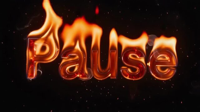 Pause word typography burning with intense bright orange flames and glowing embers in a dark background creating a cinematic motion video animation effect that captures attention with high contrast li