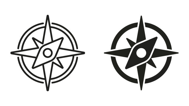 Professional navigation compass icon set featuring nautical and cartography styles in outline and solid vector formats for travel exploration outdoor adventure and mapping application user interfaces