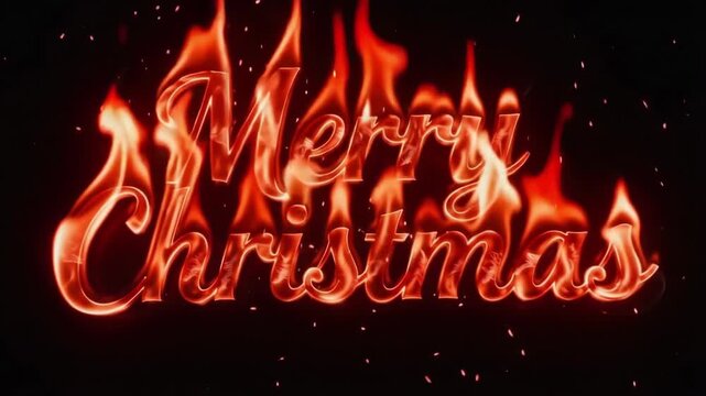 Merry Christmas text burning with intense bright orange flames and swirling smoke motion in this high quality 3d digital animation clip designed for festive holiday season greetings and cinematic wint