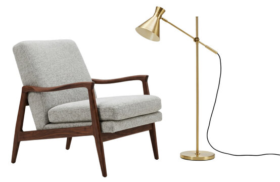 mid century modern grey armchair with wooden frame and brass floor lamp