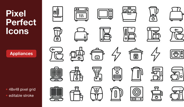 Kitchen appliances and cooking equipment line icon set. Refrigerator, microwave, oven, dishwasher, blender, toaster, coffee maker, air fryer, stand mixer, kettle. 48x48 Pixel Perfect. Editable Stroke
