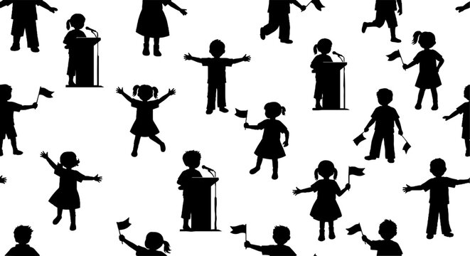 Silhouette figures expressing various joyful human activities and gestures.