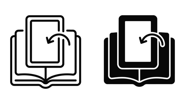 Book and tablet icon depicting digital reading and educational technology transformation for elearning platforms and digital library interfaces in outline and solid vector graphic design styles