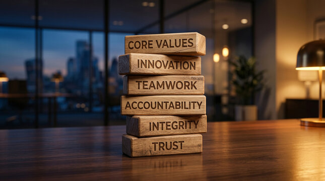 Stack of wooden blocks with core values like innovation, teamwork, and trust isolated on transparent background in modern office setting with cityscape.