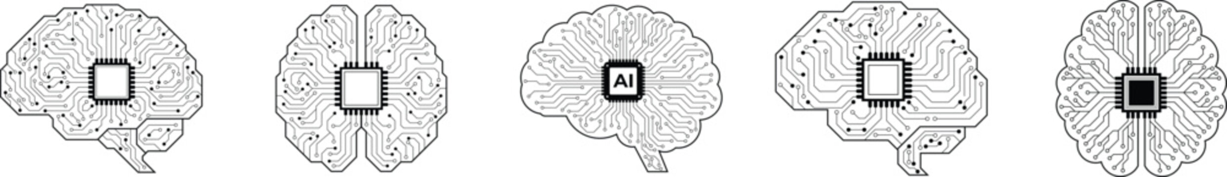 AI Brain Icon Set. 5 Circuit Board Brain Technology Icon. Artificial Intelligence Brain Circuit. Digital Brain CPU Chip on White Background.