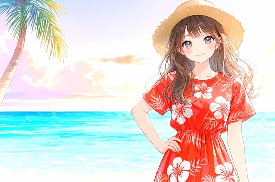 夕暮れのビーチに佇む赤いハワイアンワンピースの女性イラスト コピースペース