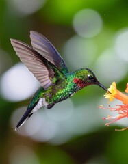 Obraz premium Vibrant Green Hummingbird Hovering and Feeding on Orange Yellow Flower with Bokeh Background, Wildlife Macro Photography