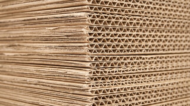 A stack of brown corrugated cardboard sheets showing layered wavy textures captured in bright natural light with sharp focus details