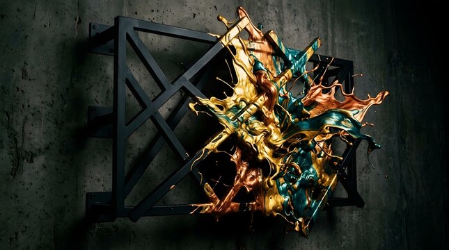 A dynamic and vibrant abstract splatter art piece encased in a geometric black frame mounted on a textured concrete wall. The colorful paint splatters in gold, copper, and teal create a striking contr