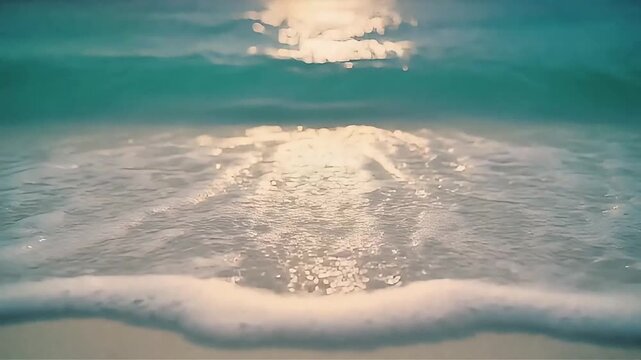 Slow motion of gentle turquoise ocean waves rolling onto white sand beach