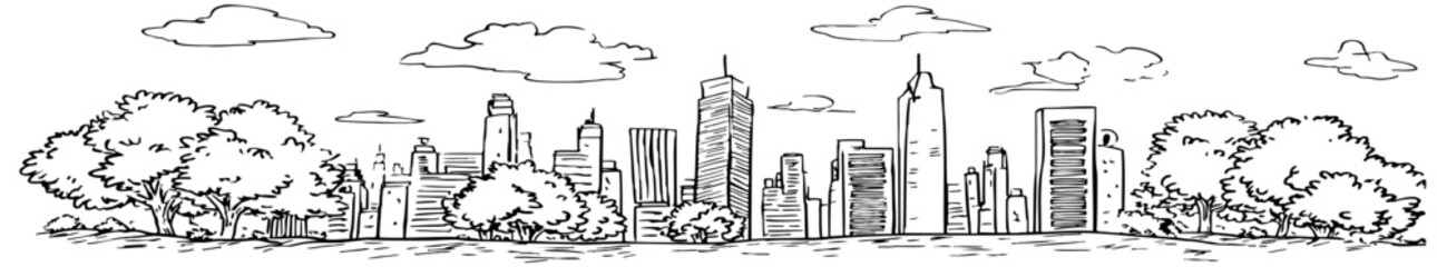 Obraz premium A wide hand drawn doodle sketch of a city skyline panorama with skyscrapers, trees and clouds, a line illustration of an urban cityscape
