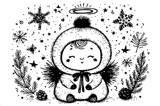A cute kawaii baby angel with a halo in a fluffy winter hood surrounded by snowflakes, pine branches and pinecones, a hand drawn line illustration