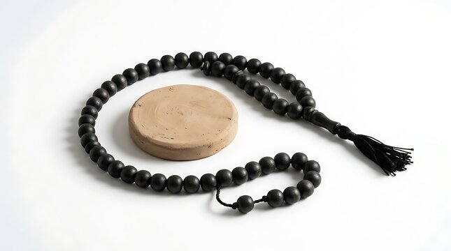 Islamic Black Prayer Beads and Clay Turbah on White Background