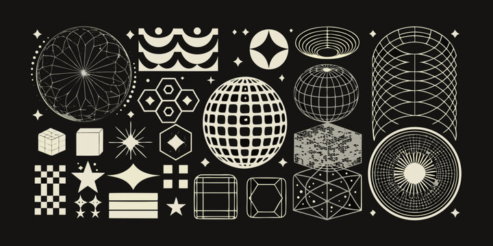 Geometric Shapes And Wireframe Forms Vector Illustration On Black Background