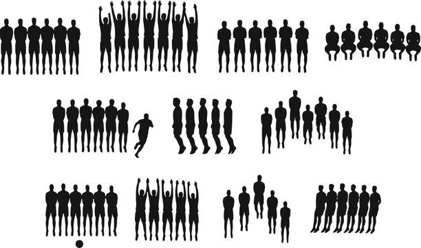 Soccer football team wall free kick lineup silhouettes vector set isolated