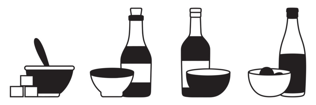 Condiment Bottle and Sauce Bowl Icon Collection, Food Seasoning and Dipping Sauce Symbols, Vector Illustration