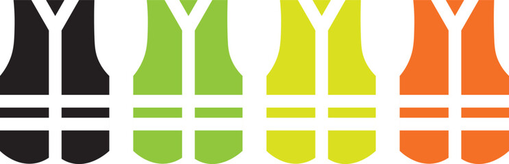 Work safety vest and high visibility jacket vector icon set. classic work safety vest hi vis viz clothing orange green yellow flouro symbol icon vector set. Construction reflective safety vest icon se © MDParveg