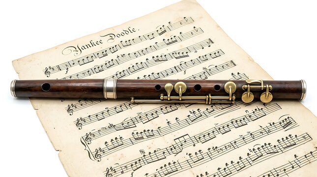 Vintage Wooden Flute on Antique Yankee Doodle Sheet Music