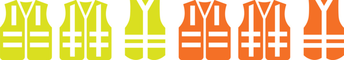 Work safety vest and high visibility jacket vector icon set. classic work safety vest hi vis viz clothing orange green yellow flouro symbol icon vector set. Construction reflective safety vest icon se © MDParveg