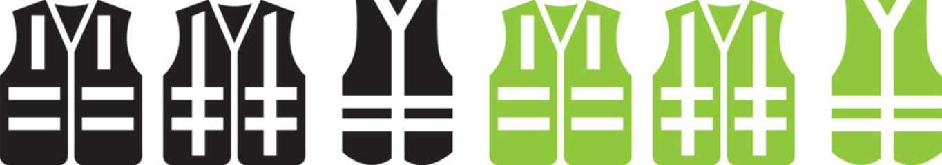 Work safety vest and high visibility jacket vector icon set. classic work safety vest hi vis viz clothing orange green yellow flouro symbol icon vector set. Construction reflective safety vest icon se © MDParveg