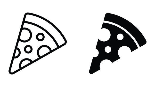 Pizza slice icon set featuring classic outline and bold solid glyph styles for restaurant menu design and food delivery service branding isolated on white background