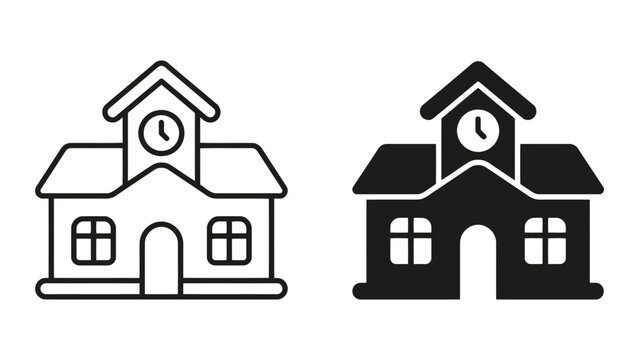 School building icon set with clock tower in outline and solid black style for educational facilities and academic institutional branding