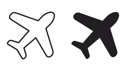 Fototapeta premium Airplane travel icon set for aviation and transportation concepts in professional outline and solid glyph styles isolated on white background