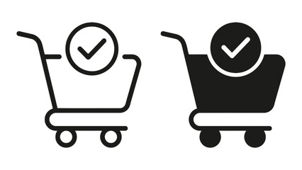 Shopping cart with checkout confirmation icon set featuring green checkmark symbol in outline and solid black styles for e-commerce and retail user interfaces © saijid stock