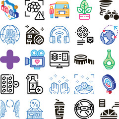 Variety of colorful and monochrome doodle style icons representing concepts and themes related to travel, health, business, technology, communication, and home services © PikePicture